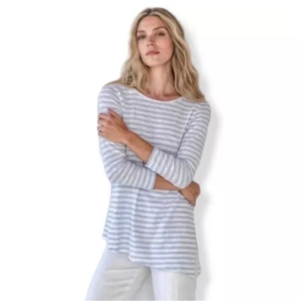 LILLA P lightweight striped blue and white 💯 cotton asymmetrical long sleeve L.
